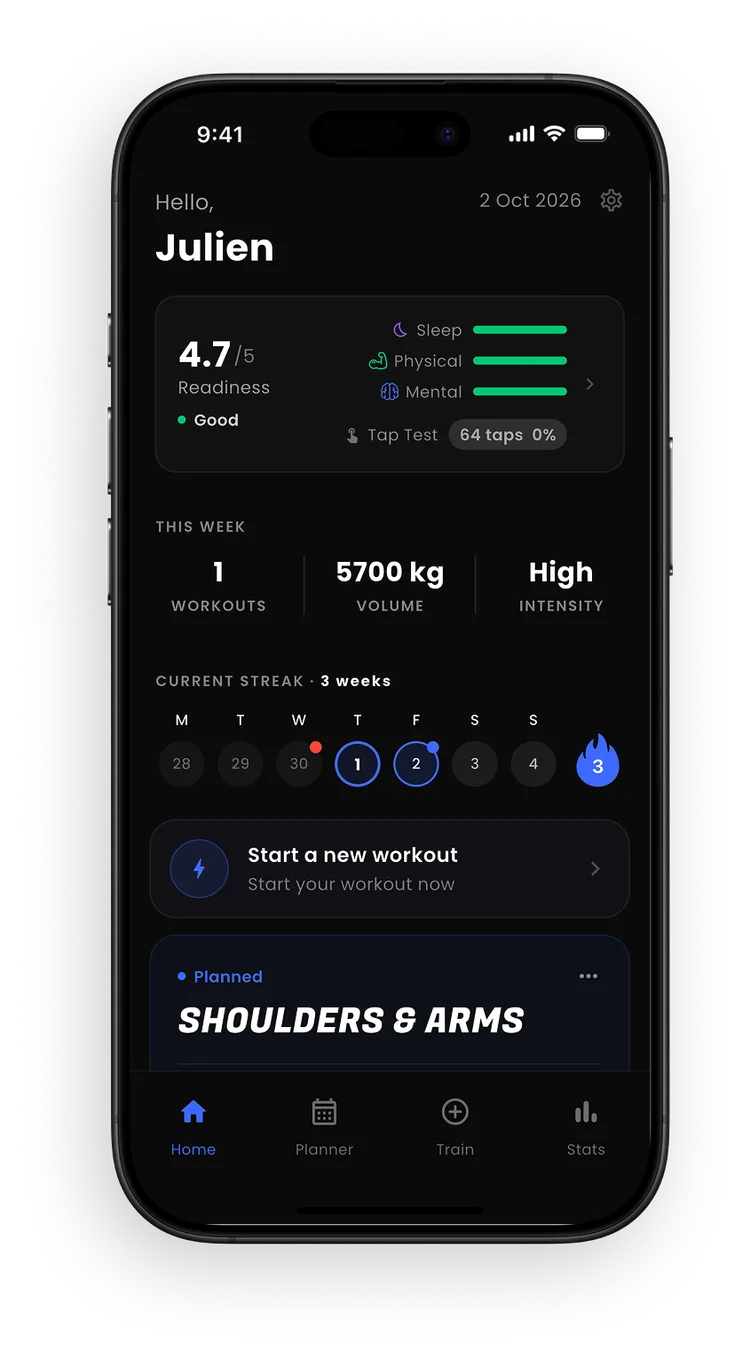 JYMI home screen: today's readiness, weekly stats, and current streak