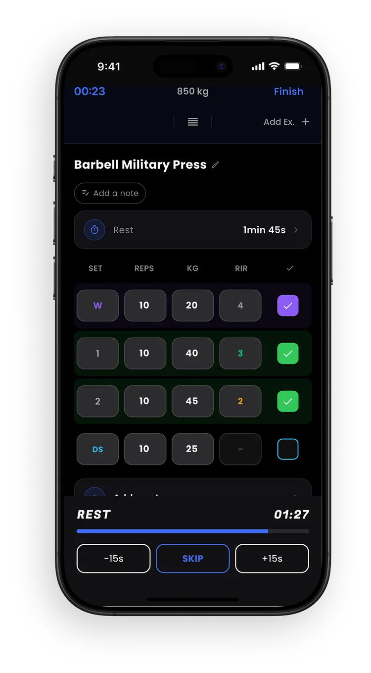 JYMI workout screen: sets, left/right reps, and RIR