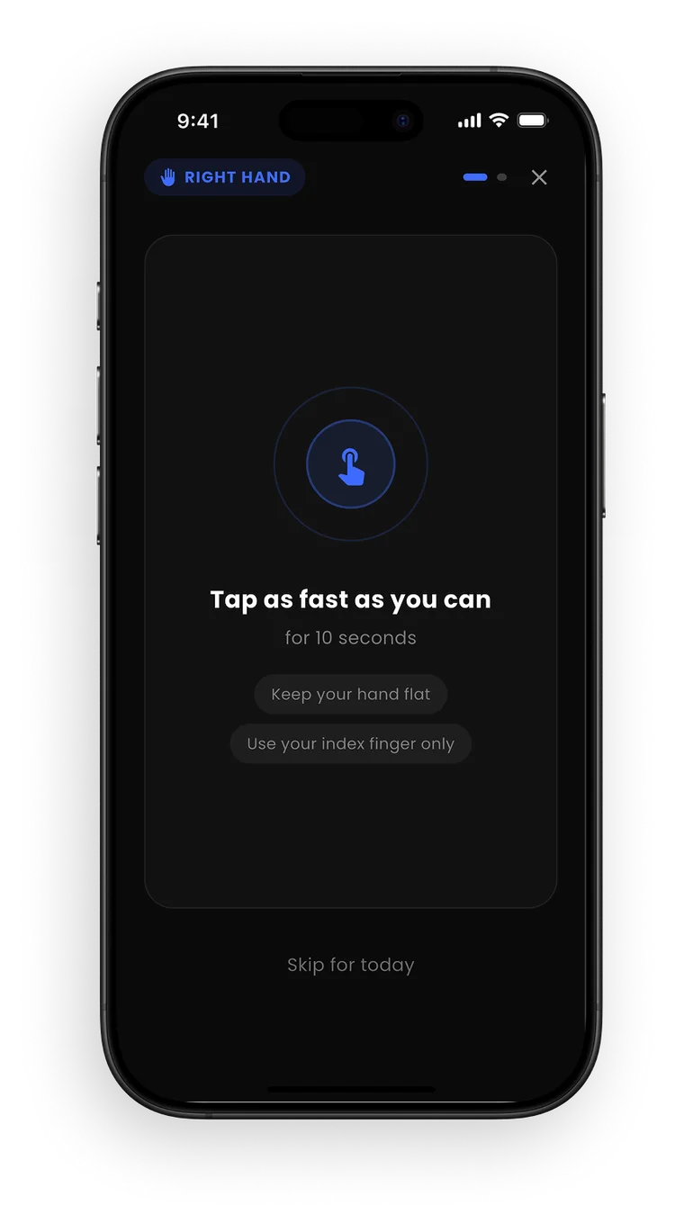 JYMI tap test screen, right hand