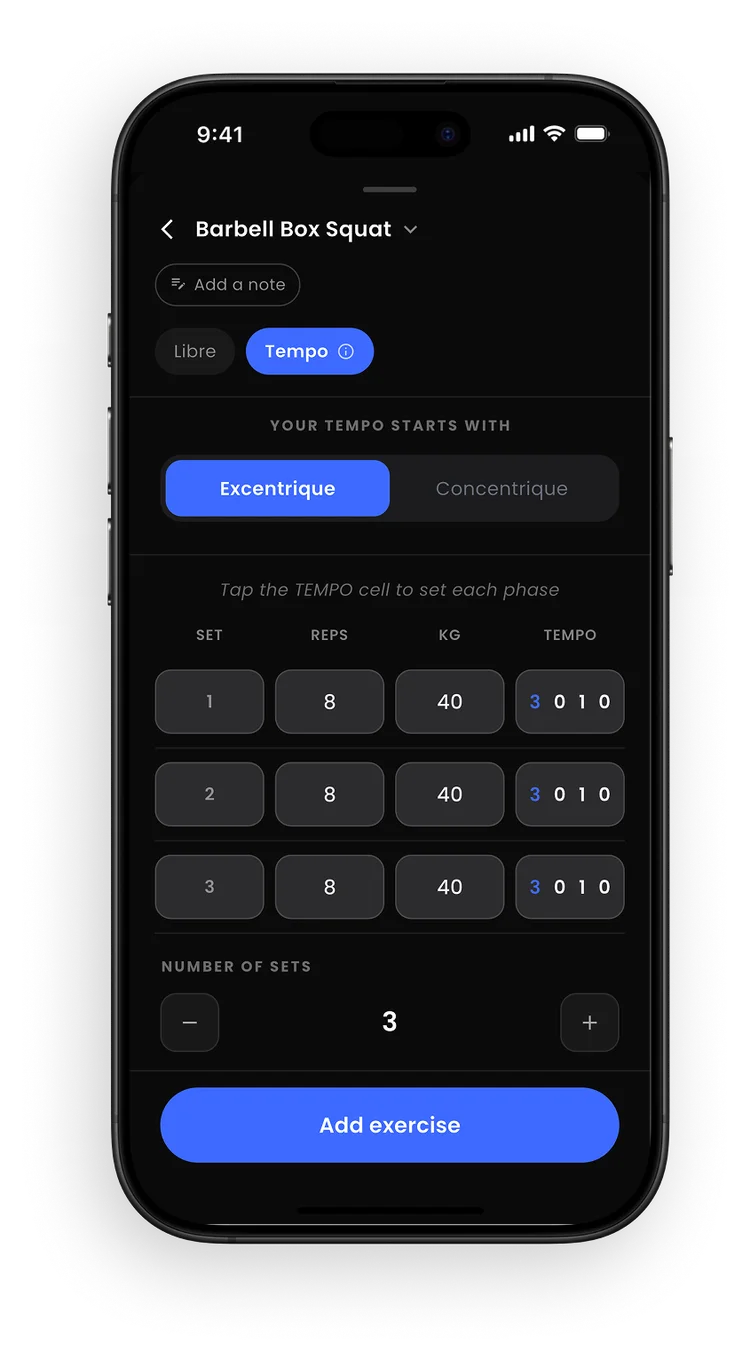 Tempo setup screen for an exercise